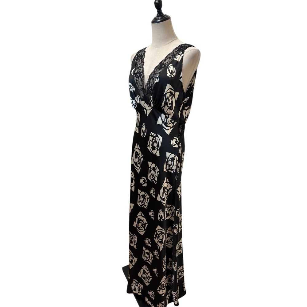 Topshop Black Satin Slip Dress Lace Rose Print Sz 8 Dark Coquette Whimsigoth - Picture 3 of 11